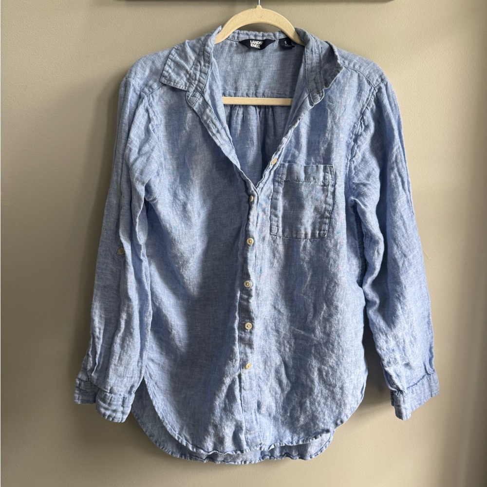 Land’s End 100% Linen Light Blue Button-Up Shirt, Size Small